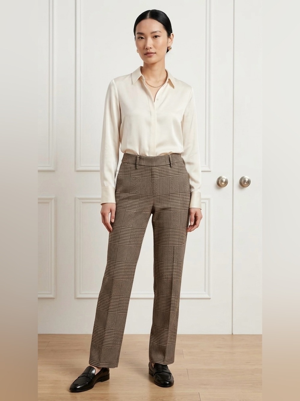 Banana Republic Cream Satin Blouse with Brown Glen Plaid Trousers